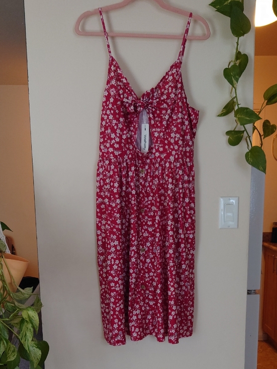 None Dresses & Skirts - Red Floral Faux Tie-Front Sundress